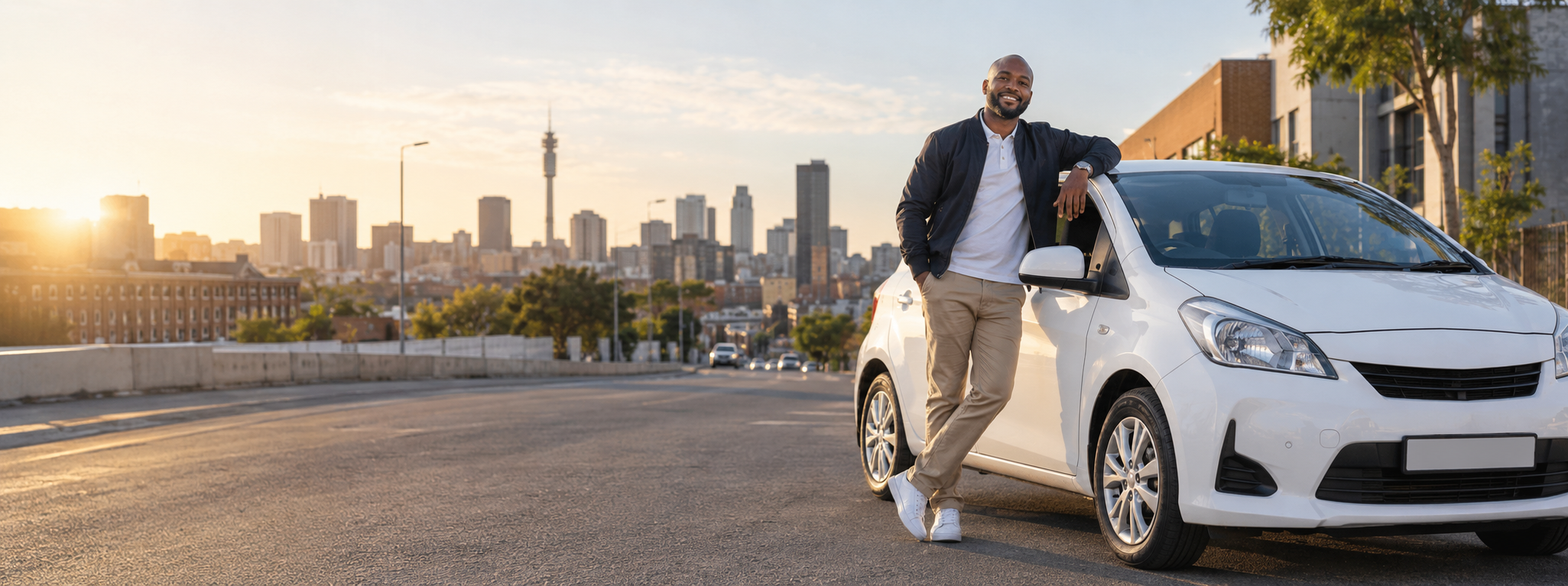 South African e-hailing driver standing beside a compact hatchback in Johannesburg